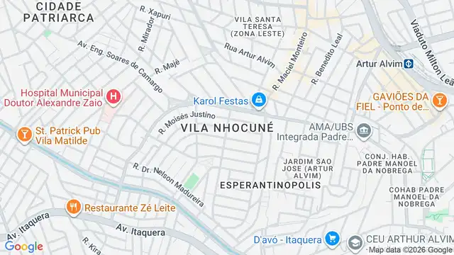 Mapa do bairro Vila Nhocuné, Sao Paulo - SP